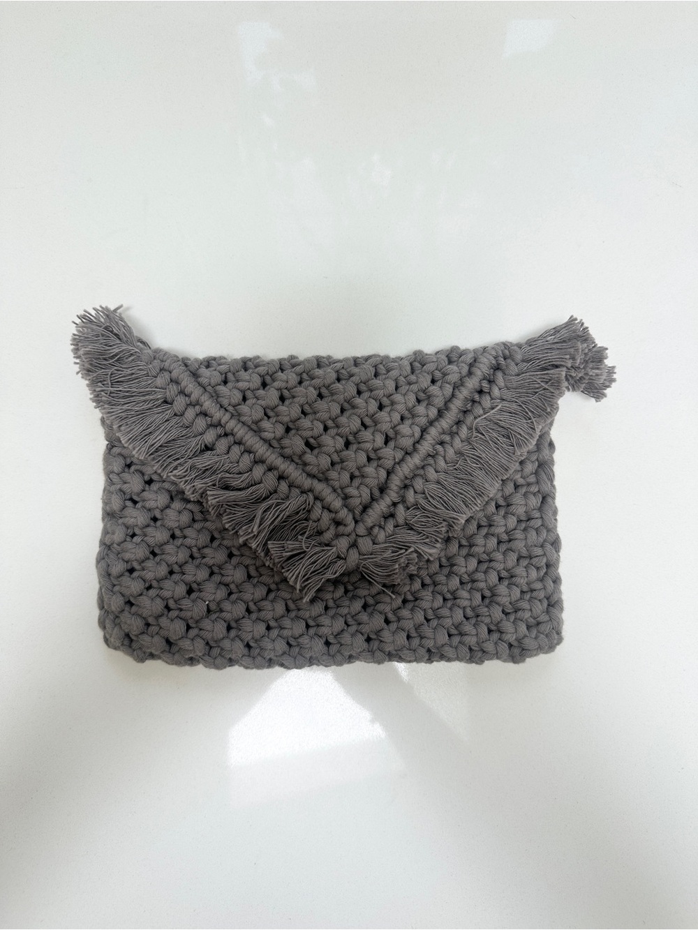 Handmade Grey Macramé Clutch Bag with Fringe